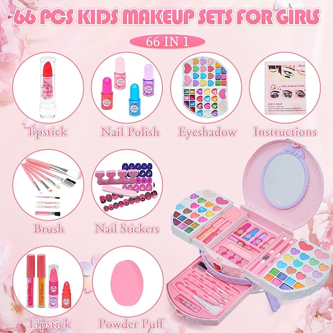 Kids Makeup Sets for Girls - Washable and Safe Makeup for Kids with Dresser Vanity Case, Girls Makeup Sets Ages 3-12, Christmas Birthday Gifts Toys for 4 5 6 7 8 9 Year Old Girl(Pink Purple)