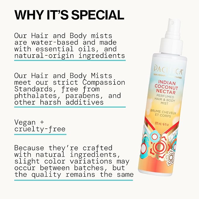 Pacifica Beauty, Indian Coconut Nectar Hair Perfume & Body Spray, Coconut and Creamy Vanilla Scent, Natural & Essential Oils, Alcohol Free, Clean Fragrance, Vegan & Cruelty Free