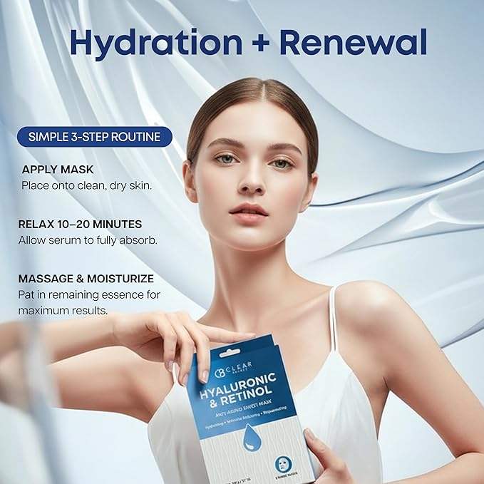 Clear Beauty Sheet Mask with Hyaluronic Acid & Retinol – Hydrating & Anti-Aging Formula For Dry, Dull, Wrinkled Skin – Dermatologist Tested, Korean Skin Care – Vegan Clean Beauty – 5 Sheets