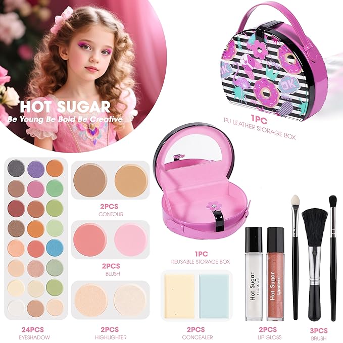 Hot Sugar Kids Makeup Kit, Girls Makeup Kit Age 4-6 7-8 10-12, Cosmetics Gift Set for Girls Birthday Christmas (Rose)