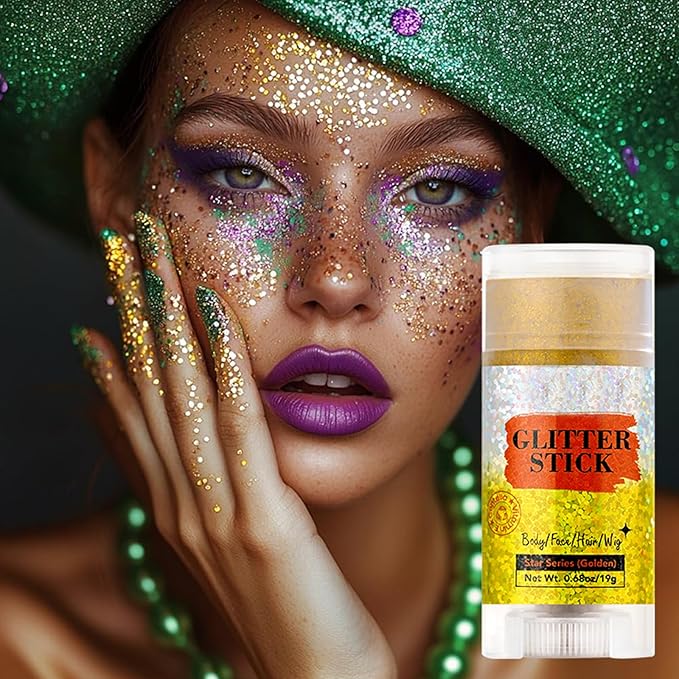 MEICOLY Gold Face Body Glitter Stick,Music Festival Accessories Outfits for Women,Sparkle Glitter Makeup for Face/Body/Hair/,Hair Glitter,Mardi Gras Accessories,Fine Glitter