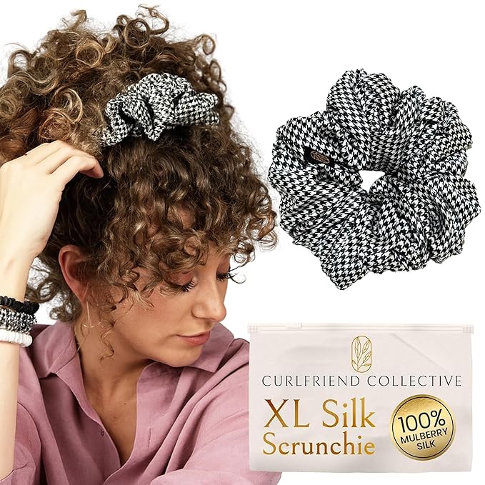 Curlfriend Collective Houndstooth XL Silk Scrunchie – 100% 22 Momme Mulberry Silk Hair Tie for Curly, Coily & Thick Hair – Gentle Hold, Extra Stretch, Stylish & Snag-Free