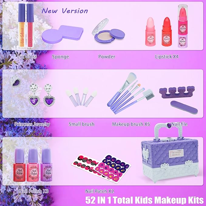 Kids Makeup Sets for Girls - 52 PCS Safe and Washable Makeup for Kids, Real Toddler Makeup Kit with Cosmetic Case, Girls Toys Age 4-12, Princess Toys Birthday Gifts(Dark Purple)