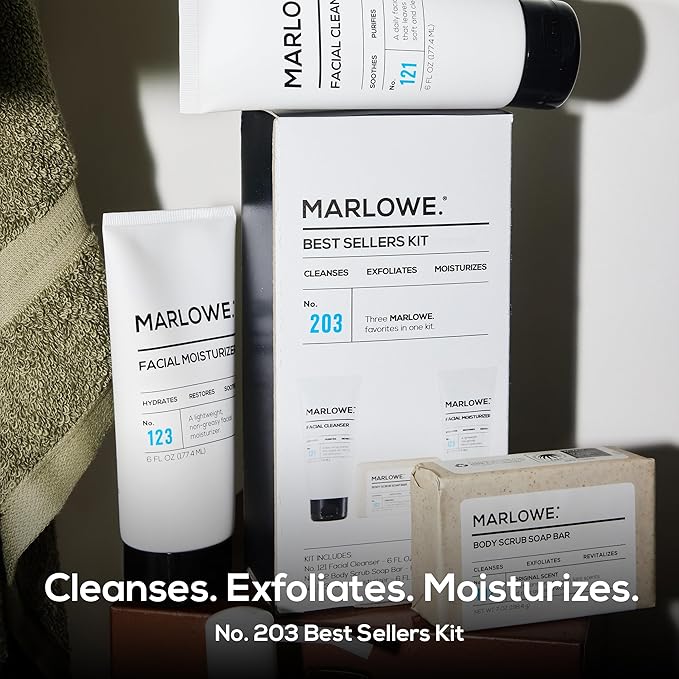 MARLOWE. Best Sellers Kit No. 203, Features Signature No. 102 Original Body Scrub Soap Bar, No. 121 Facial Cleanser & No. 123 Facial Moisturizer, Great Gift for Men