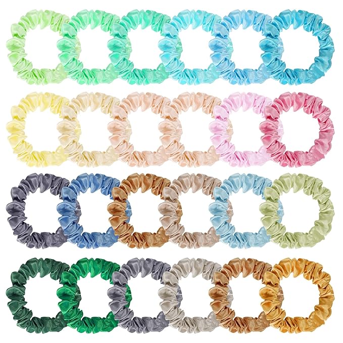24Pcs Satin Scrunchies, 20 Colors Comfortable Silk Hair Scrunchies Skinny Hair Ties Elastics Ponytail Holders Stocking Stuffers for Women Girls