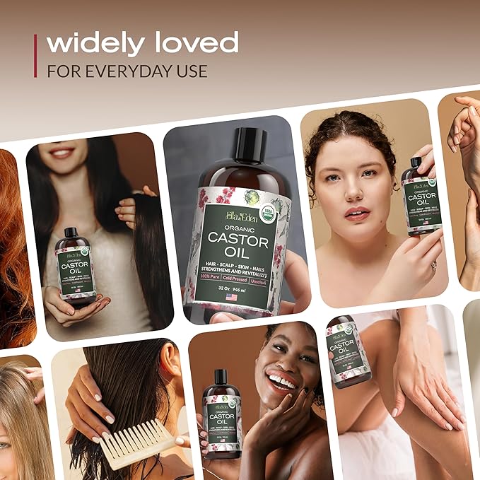 Ella & Eden USDA Organic Castor Oil – Cold Pressed Hexane-Free - Glass Bottle - For Hair Growth, Face, Eyelash, Skin, Stomach - 100% Pure Unrefined 16 Fl Oz