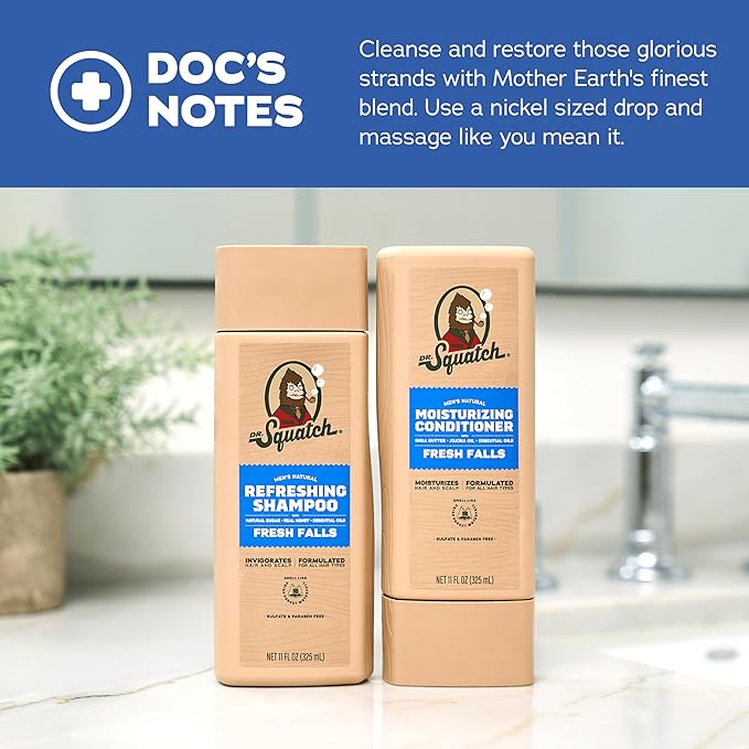 Dr. Squatch Natural Hair Bundle for Men - Healthy, Full Looking Hair - Fresh Falls Shampoo (11 fl oz), Fresh Falls Conditioner (11 fl oz)