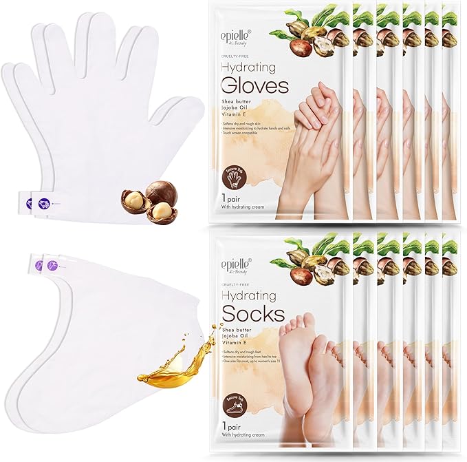 Epielle Hydrating Hand & Foot Masks, Relieve and Soften for Dry, Overworked Skin, Self Care Gifts for Women, Spa Kit, Stocking Stuffers, 6 Moisturizing Gloves & 6 Moisturizing Socks
