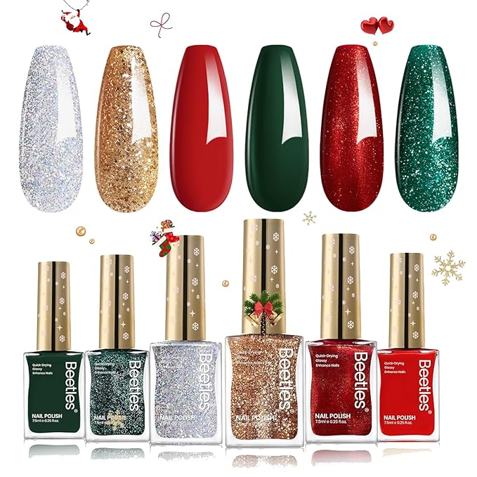 Beetles Christmas Nail Polish, 6 Colors Quick Dry Nail Polish Glossy Glitter 7.5ml /0.25 Fl Oz Red Green Gold Silver for Christmas Nail Art Manicure DIY at Home Gifts for Women