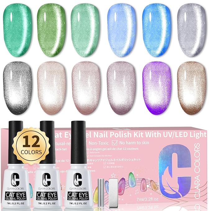 Clara Colors 12 Colors Glitter Cat Eye Gel Nail Polish Set Sparkle Galaxy Series Magnetic Nail Polish with Base Gel Glossy Top Coat Magnet UV LED Curing Require Nail Art Manicure Salon DIY Home Gifts