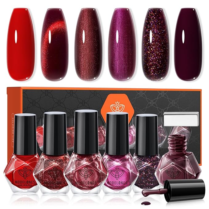 modelones Nail Polish Set 6 Colors, Dark Red New Year Cat Eye Burgundy Glitter Quick Dry Mini Nail Lacquer Kit Magnetic Maroon Purple Cherry DIY Home Nail Art Manicure Gifts for Women Girls