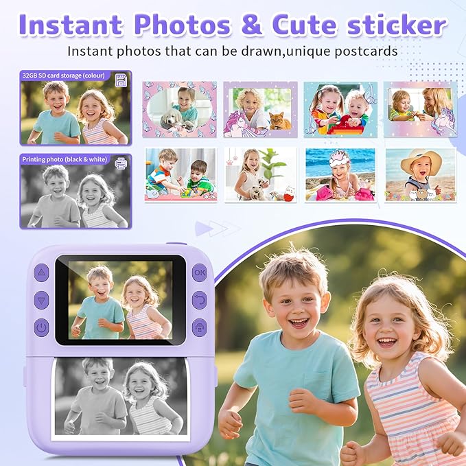 Instant Print Camera for Kids, Christmas Birthday Gifts for Girls Boys, 1080P Instant Digital Print Cameras for Toddler,Portable Toy for 4 5 6 7 8 9 10 Year Old Girl with 32GB SD Card，Purple