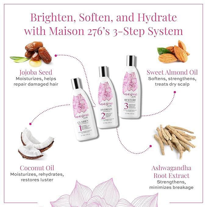 Maison 276 Pre-Shampoo, Shampoo and Conditioner for Silver, Gray & Blonde Hair, 3-Step System Tone-Correcting Shampoo, NOT a Purple Shampoo, Neutralizes Brassiness, Sulfate-Free, 3x 8oz Bottles