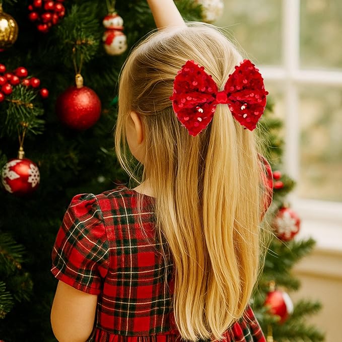 Velvet Sequin Hair Bows Elegant Red Bow for Women Girls, 4in Glitter Handmade Hair Clips Alligator Clips Sparkly Ponytail Holder Hair Accessories for Christmas, Birthday Party, Wedding, Valentines