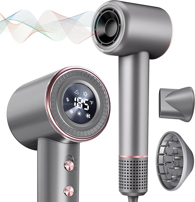 Rudd Hair Dryer with Diffuser, High Speed Hair Dryer with Display, 110000 RPM Brushless Motor for Fast Drying, 200 Million Negative Inoic Low Noise, Grey