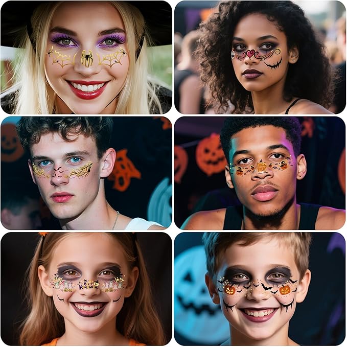 12pcs Halloween Glitter Freckles Face Tattoos Makeup Patches with Pumpkin, Bat, Spider, Witch, Skull, Love Heart, Flowers Design, Face Temporary Tattoos for Adults Kids Rave Accessories
