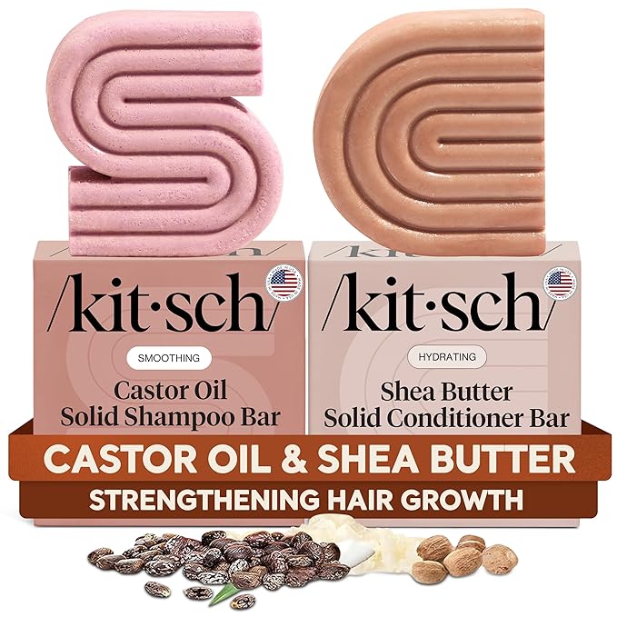 Kitsch Castor Oil Shampoo & Shea Butter Conditioner Bar – Shampoo and Conditioner Set - Hydrating & Moisturizing Bar Soap - Free of Paraben, Silicone, Sulfate - Made in USA - 2pc Set