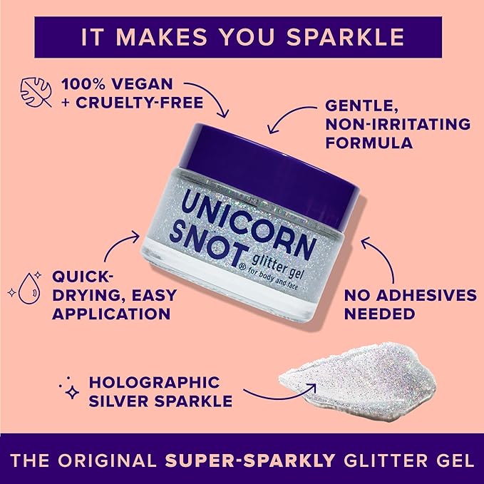 UNICORN SNOT Holographic Face Glitter & Body Glitter Gel | Holiday Glitter Makeup: Stocking Stuffers & Christmas Gift | Hair Glitter, Vegan & Cruelty Free, 1.7 oz Silver Glitter (Disco)