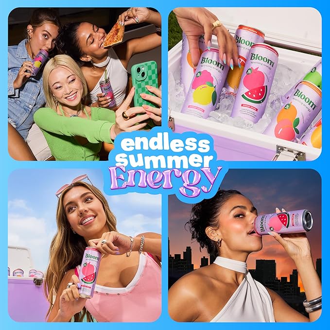 Bloom Nutrition Sparkling Energy Drink - Natural Caffeine, Zero Sugar, 180mg Caffeine - Antioxidant-Rich with Green Coffee Bean, Green Tea Extract, Prebiotics - Strawberry Watermelon - 12oz 12 Pack