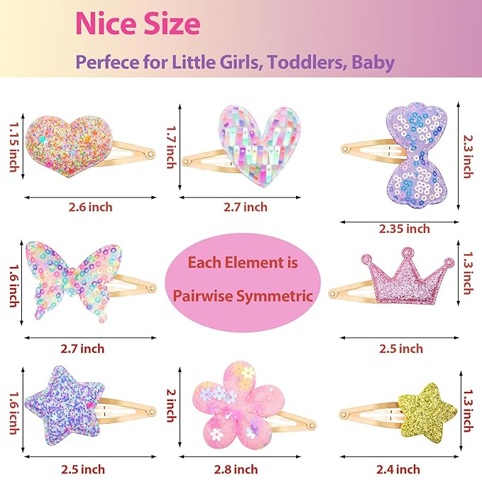 Gingbiss Hair Clips Set: 16 Sparkly Metal Snap Barrettes for Girls, Flower/Star/Crown/Heart/Butterfly Shaped Styling Accessories