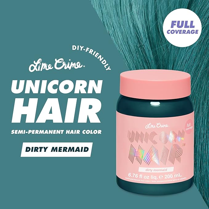 Lime Crime Full Coverage Unicorn Hair Dye, Dirty Mermaid - Damage-Free Semi-Permanent Hair Color Conditions & Moisturizes - Temporary Hair Tint Kit Has A Sugary Citrus Vanilla Scent - Vegan