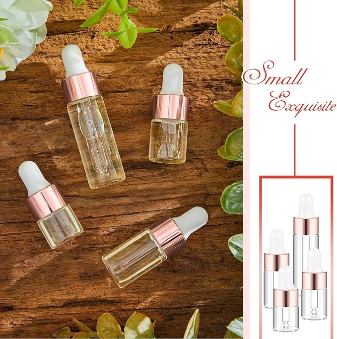 20 Pcs Mini Glass Oil Dropper Bottle Bulk, Clear Essential Small Empty Bottles Sample Containers Perfume Liquid Vials with Cap for Traveling (1ml,2ml,3ml,5ml,Rose Gold)