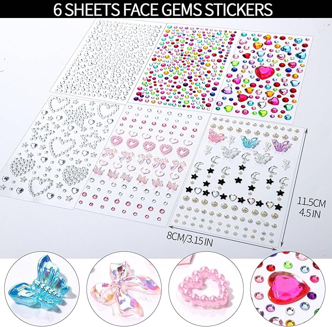 FANDAMEI Face Glitter Face Gems, 40 Colors Glitter Gel Palette with 6 Sheets Self Adhesive Hair Gems, Face Jewels for Women. Face Rhinestones Pearls for Women, Body Hair Glitter
