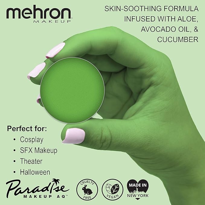 Mehron Makeup Paradise Makeup AQ Refill Size | Stage & Screen Performance, Face & Body Painting, Beauty, Cosplay, and Halloween | Water Activated Face Paint, Body Paint .25 oz (7 ml) (Light Green)
