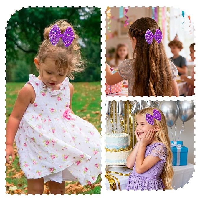 Velvet Sequin Hair Bows Elegant Purple Bow for Women Girls, 4in Glitter Handmade Hair Clips Alligator Clips Ponytail Holder Sparkly Hair Accessories for Helloween, Christmas, Birthday Party, Wedding