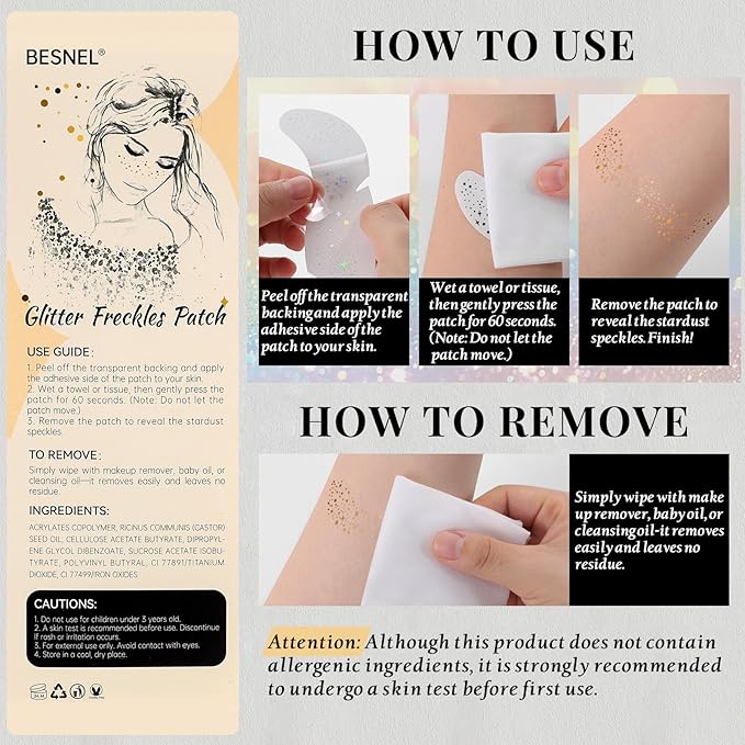 24pcs Glitter Freckles Makeup Patches-Gold-Face Speckle, Sparkle Speckles Patches for Women, Cute Golden Fake Freckles, Glitter Freckle Face Tattoo, Accessories for Musical Festival