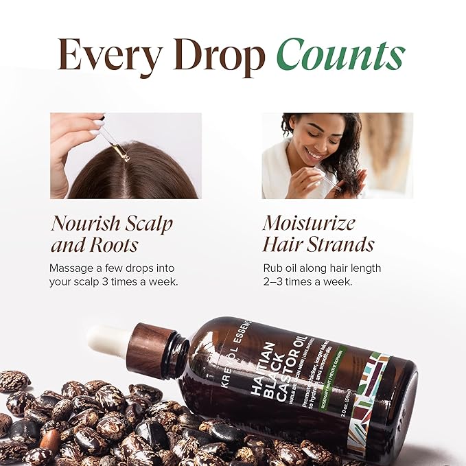Kreyol Essence - Haitian Black Castor Oil for Skin and Hair, Glass Bottle - Cold Pressed Castor Oil, Fuller-Looking Hair, Hexane Free, Natural Humectant | 2 fl oz | Rosemary Peppermint