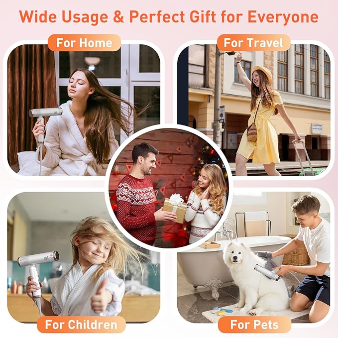 Quico Travel Hair Dryer with Dual Voltage, 120000 RPM Fast Drying Hair Dryers for Women with 500 Million Negative Ions, Thermo-Control Compact Hair Blow Dryer with Cold, 3 Heat & 3 Speed Settings