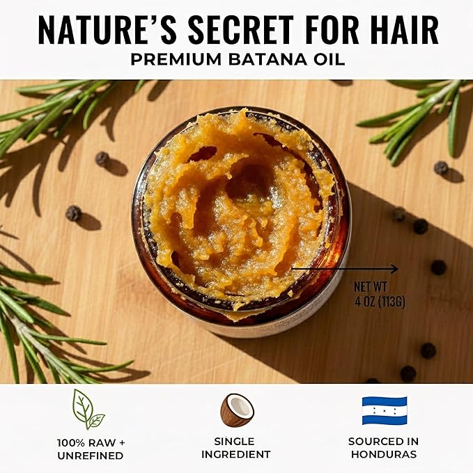 Unrefined Batana Oil for Hair Growth - 100% Raw Unrefined Batana Oil from Honduras - Dr. Sebi Approved Pure Hair Treatment for Thicker Hair - 4oz