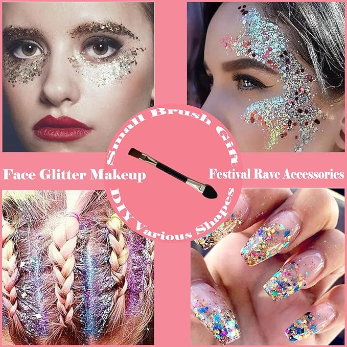 Body Glitter Face Glitter Gel: Singer Concerts Disco Festival Rave Accessories Face Glitter Makeup Chunky Sequins Mermaid Face Body Hair Glitter Gel (White&Silver&Pink&Gold&Blue)