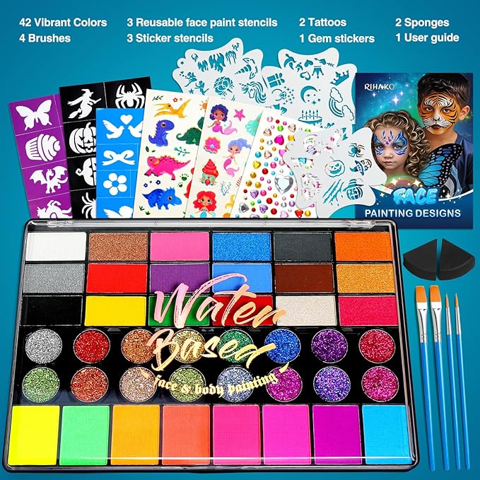 Professional Face Painting Kit – 42 Color Water-Activated Face Paint Makeup Palette with Stencils, Gems & Brushes – Non-Toxic Body Paint for Parties, Festivals, School Events & Carnival