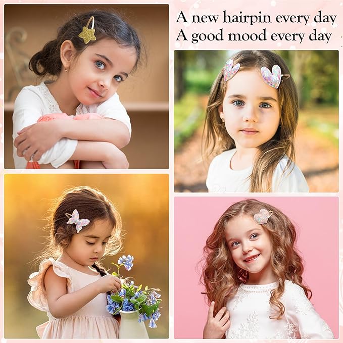 Gingbiss Hair Clips Set: 16 Sparkly Metal Snap Barrettes for Girls, Flower/Star/Crown/Heart/Butterfly Shaped Styling Accessories