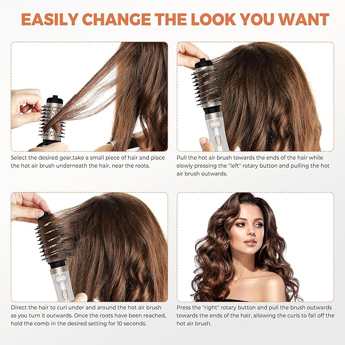 3 in 1 Rotating Hair Dryer Brush, Auto Rotating Blow Dryer Brush Spinning with 2 Brushes (2" & 1.5"), Negative Ionic Brush Blow Dryer, Round Brush Blow Dryer Volumize Curling 100-120V