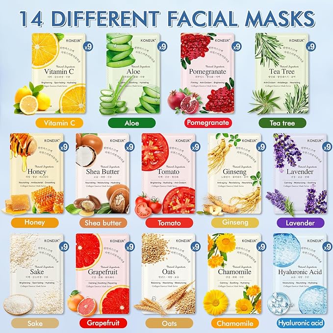 126 Pack Sheet Face Masks Skincare, Bulk Facial Mask Gifts Set for Women Skin Care, Hydrating Face Masks Suitable for All Skin Types, Face Mask Spa for Sensitive Skin