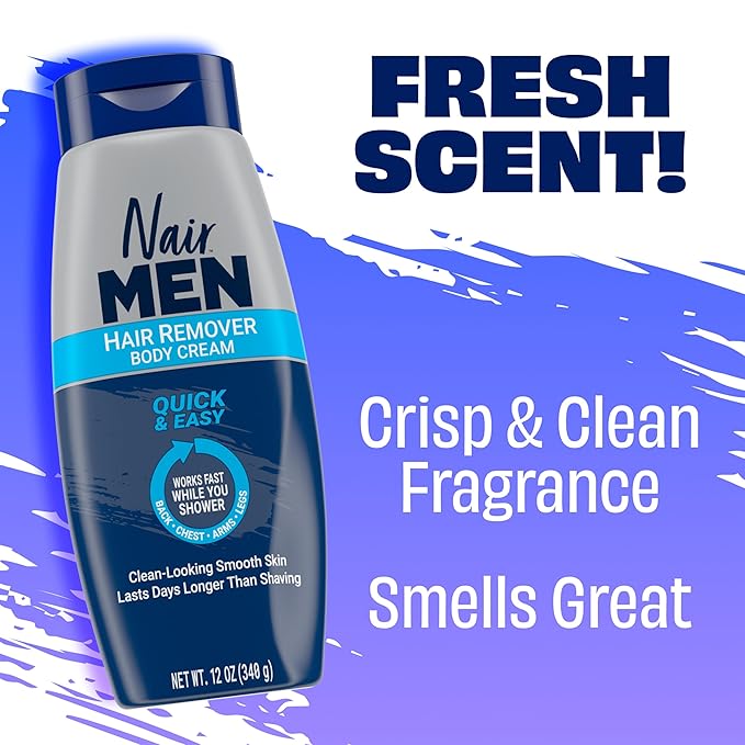 Nair Men Hair Remover Body Cream, Quick and Easy Body Hair Removal Cream for Men, Aloe and Lanolin, Dermatologist Tested, 12 Oz (Pack of 2)