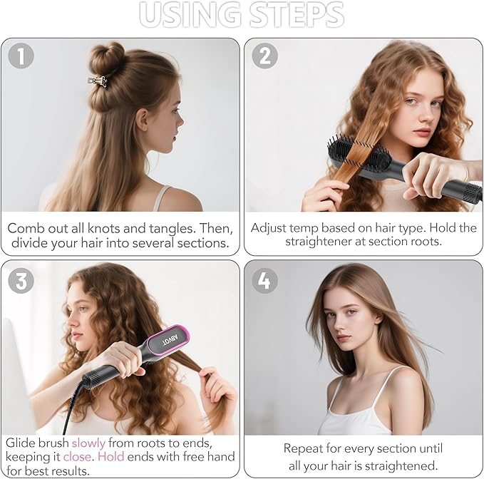 Hair Straightener Brush, HC13 Straightening Brush Comb with Ring Teeth, Straighten/Hot/Cool Air 3 Mode, 30s Fast Heat Up, Auto Shut Off & Anti-Scald Shell for Curly Wavy Frizzy Hair | Black