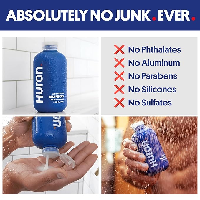 Huron Men's Shampoo | Cleansing & Hydrating Formula | Citrus, Fresh Juniper & Aromatic Greens Scent | Strengthens Hair | Sulfate-Free, Paraben-Free | Argan Oil, Aloe, Peppermint | 11.7 Fl Oz