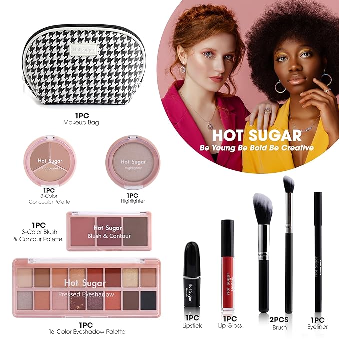 Hot Sugar All in One Makeup Kit, Makeup Set for Women, Girls Makeup Kit for Teens with Eyeshadow, Blush, Contour, Highlighter, Concealer, Lipstick, Lip Gloss, Eyeliner and Brush (Black)