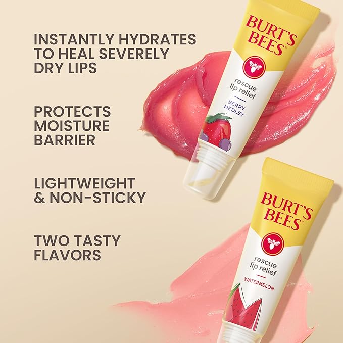 Burt's Bees Stocking Stuffers, Rescue Lip Relief, Watermelon & Berry Medley, Hydrating Lip Balm for Dry Cracked Lips, with Responsibily Sourced Beeswax, 100% Natural Origin, 2 Pack, 0.35oz