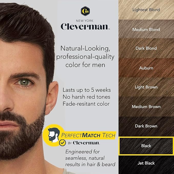 2X Pack Cleverman Hair & Beard Dye Kit for Men, All-in-One Reusable Mens Hair Color, Natural Gray Coverage, Ammonia-Free Beard Mustache Dye for Men (Black)