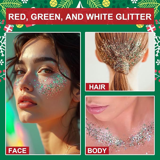 Christmas Body Glitter Stick, Waterproof Halloween Face Glitter Gel, Chunky Glitter Face Paint, Green Red White Sequin Hair Glitter Makeup for Women and Kid (Green Red White)