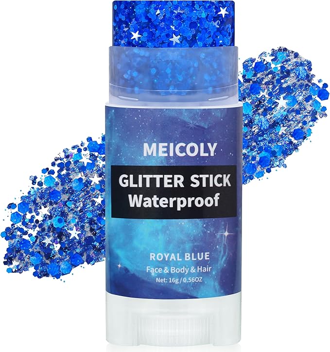 MEICOLY Royal Blue Body Glitter Stick,Hair Glitter Stick for Women,Waterproof Sparkle Chunky Face Glitter Makeup for Halloween Mardi Gras Party Rave Party Festival