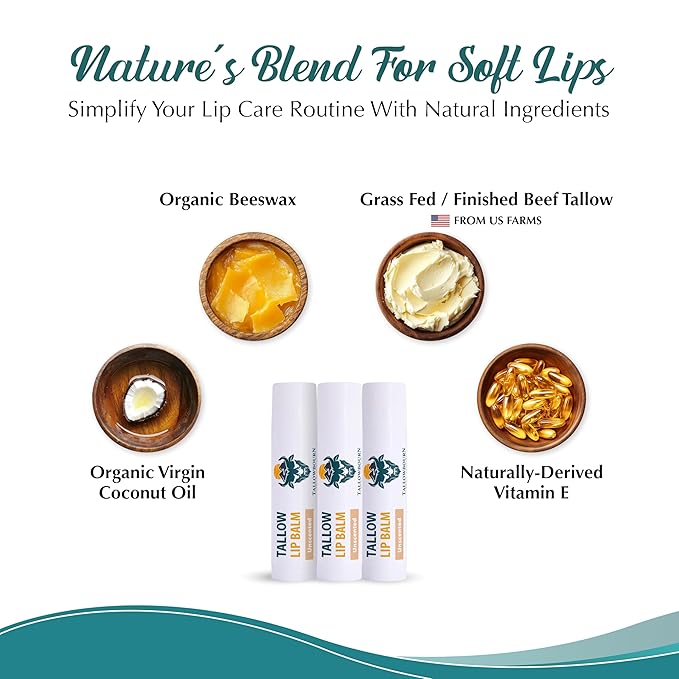 Moisturizing Tallow Lip Balm – Grass-Fed Beef Tallow with Organic Coconut Oil, Beeswax, and Vitamin E – Unscented Lip Balm Set – Travel Essential - 3-Pack