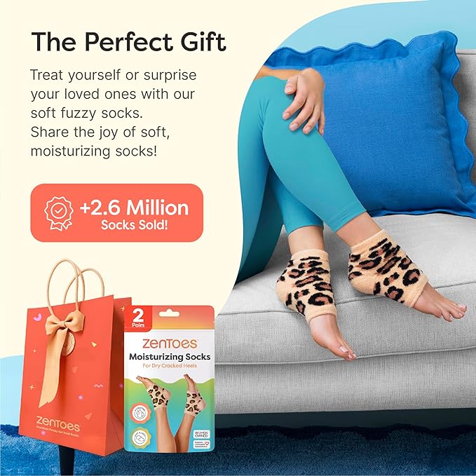 ZenToes Moisturizing Socks for Cracked Heel Treatment, Vitamin E, Olive Oil and Jojoba Oil Heel Socks, Stocking Stuffers for Women, Spa Self Care Gifts for Women (Cheetah, Regular)