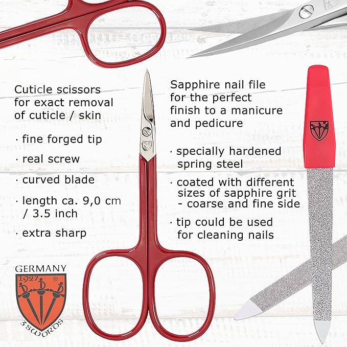 3 Swords Germany - brand quality 5 piece manicure pedicure grooming kit set for professional finger & toe nail care tweezers file clipper fashion leather case in gift box, Made by 3 Swords (17719)