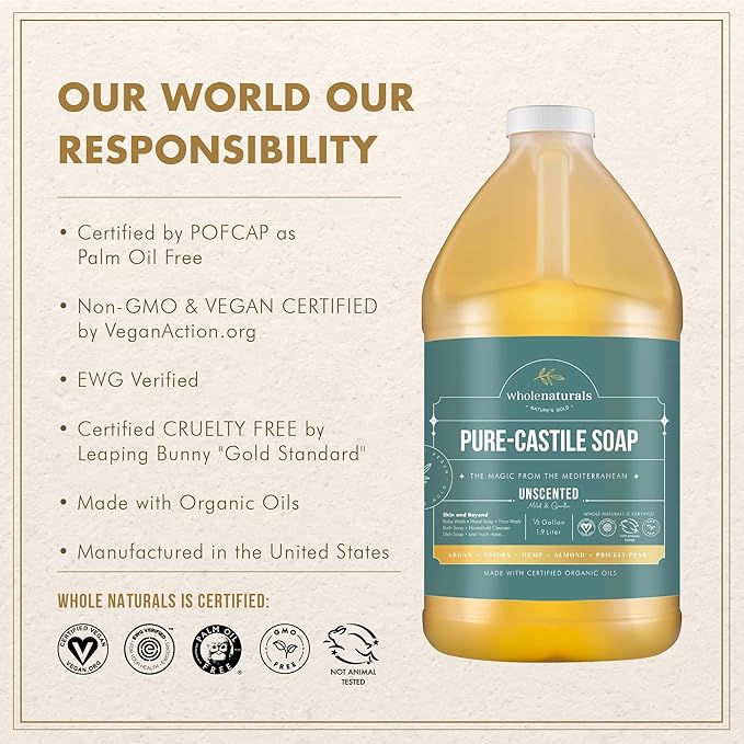 WHOLENATURALS Pure Castile Soap Liquid, EWG Verified & Certified Palm Oil Free Unscented, Natural, Mild & Gentle Non-gmo & Vegan - Organic Body Wash, Laundry, Pet/Dog and Baby Soap - 64 Fl Oz